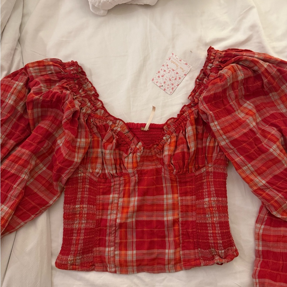 Free people plaid cherry bomb puff sleeve corset coquette cottage blouse large - Picture 6 of 6